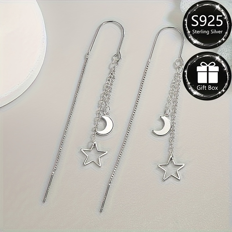 Fashionable S925 Silvery Tassel Long Earrings with Star and Moon Design